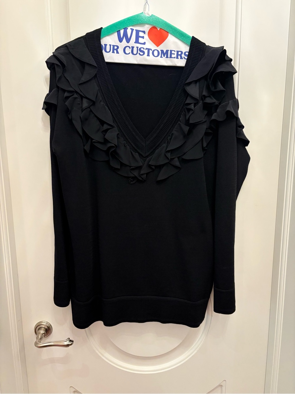 Black V-Neck Sweater with Silk Ruffle